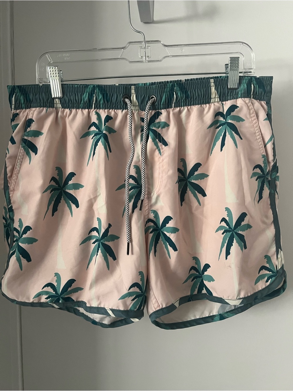 Men's Pink Palm Print Swim Trunks with Green Trim